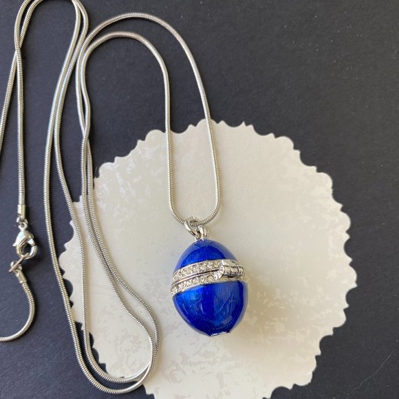 Vintage Blue Enamel and Rhinestone Egg Pendant - Picture 3 of 4